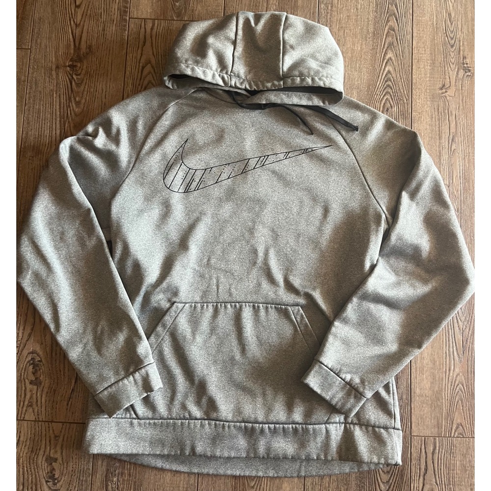 Nike Therma-FIT Mens Heather Grey Pullover Hoodie Swoosh Graphic Activewear